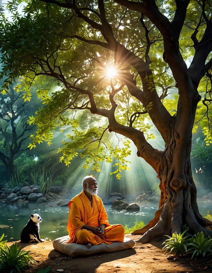 A serene scene depicting a wise Panditji sitting under a lush tree, surrounded by glowing spiritual symbols and a peaceful aura. Soft rays of sunlight filtering through the leaves create a warm atmosphere, while a diverse group of people gather around him, absorbing his guidance. Incorporate elements of nature like flowers and gentle water streams to symbolize tranquility and well-being. super-realistic. vibrant colors. ethereal lighting.