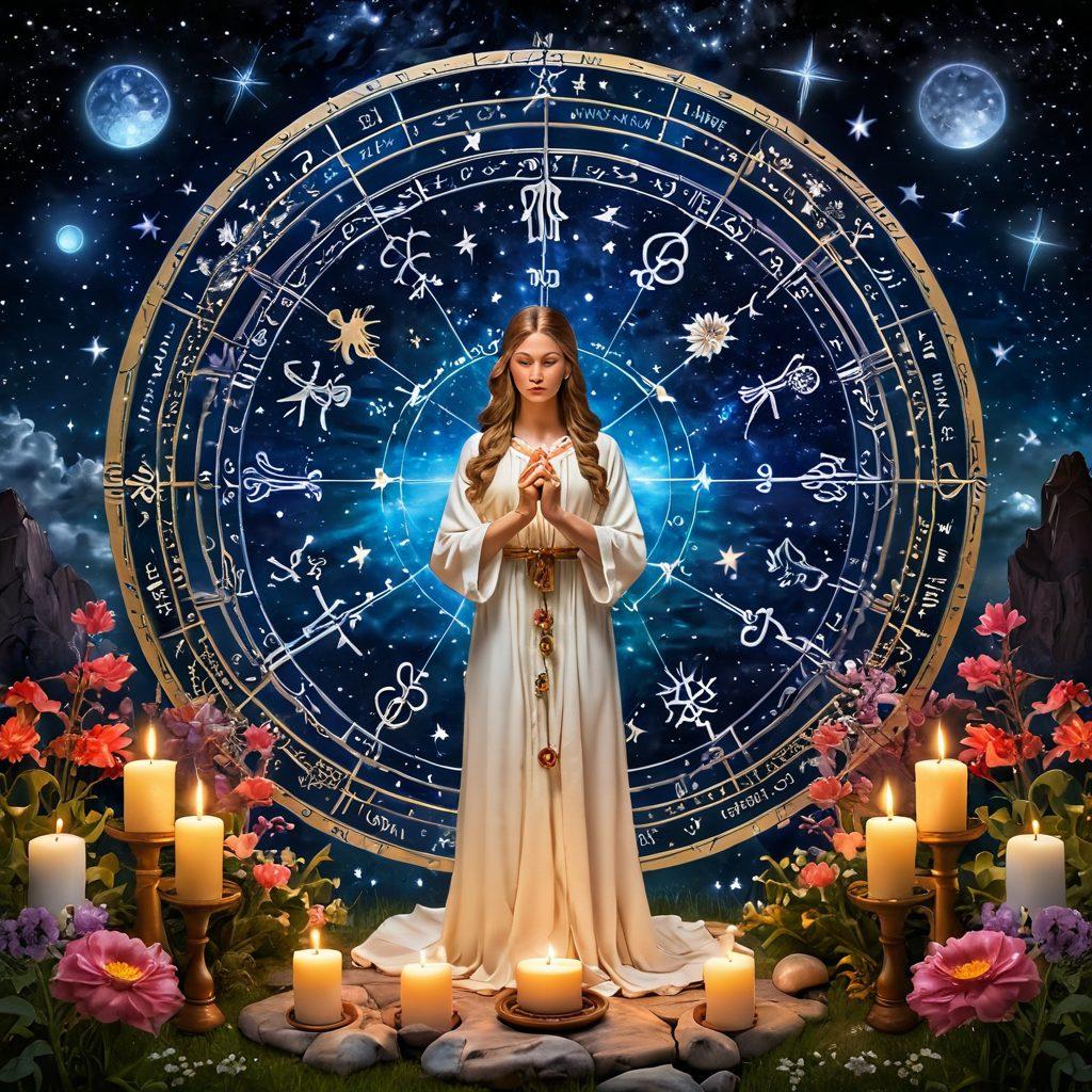 A serene celestial landscape featuring a glowing astrological chart with zodiac signs, surrounded by traditional ceremonial symbols like candles and flowers. An ethereal figure of a mentor guiding a seeker, illuminated by starlight, symbolizes guidance and transformation. The background should incorporate mystical elements like constellations and soft cosmic colors. enchanting, harmonious, spiritually uplifting. super-realistic. vibrant colors.