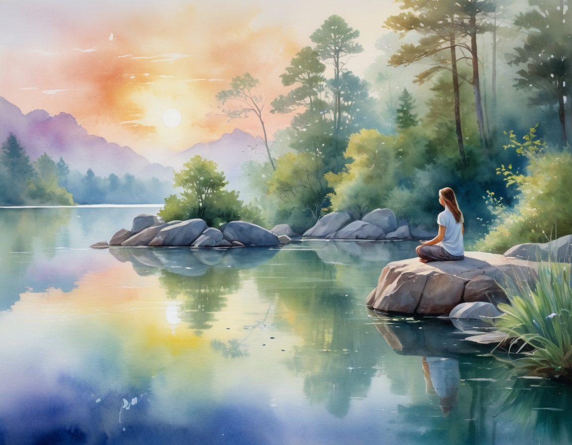 A serene landscape featuring a tranquil sunrise over a peaceful lake, with a figure meditating on a rock by the water, surrounded by lush greenery and gentle mist. Ethereal symbols of various spiritual practices, like crystals and incense, hover gently in the air. A soft light radiates warmth and tranquility throughout the scene. watercolor painting. vibrant colors.